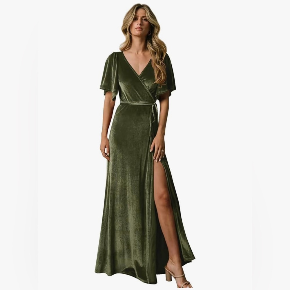 Olive Green Velvet Wrap Dress